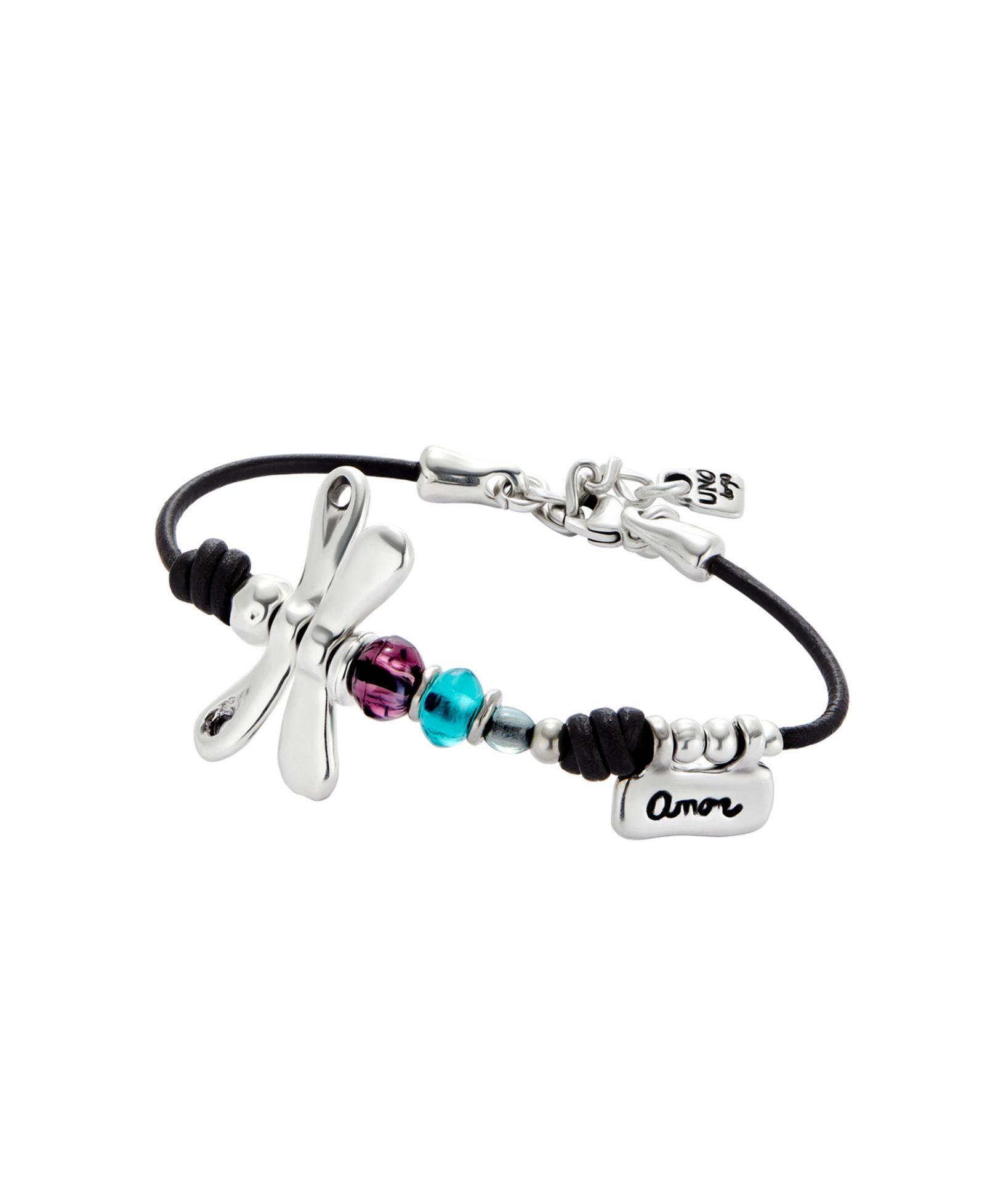 UNOde50 Leather Bracelet featuring a Dragonfly Plated in Sterling Silver and Multicolored Crystals