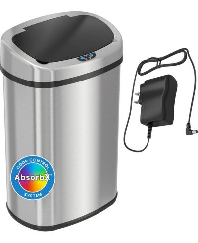 iTouchless 13 Gallon Oval Sensor Kitchen Trash Can with AC Adapter and AbsorbX Odor Filter