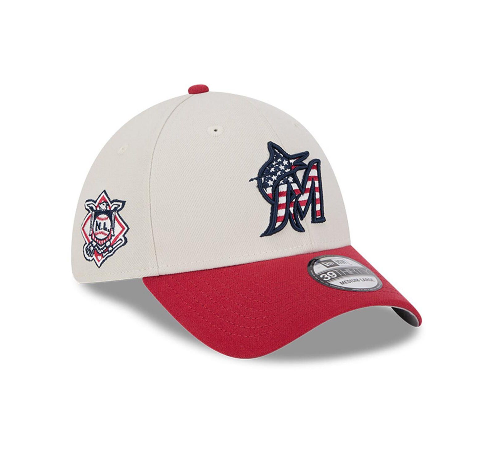 New Era Женская кепка 39THIRTY Flex Miami Marlins 2024 Fourth of July Red