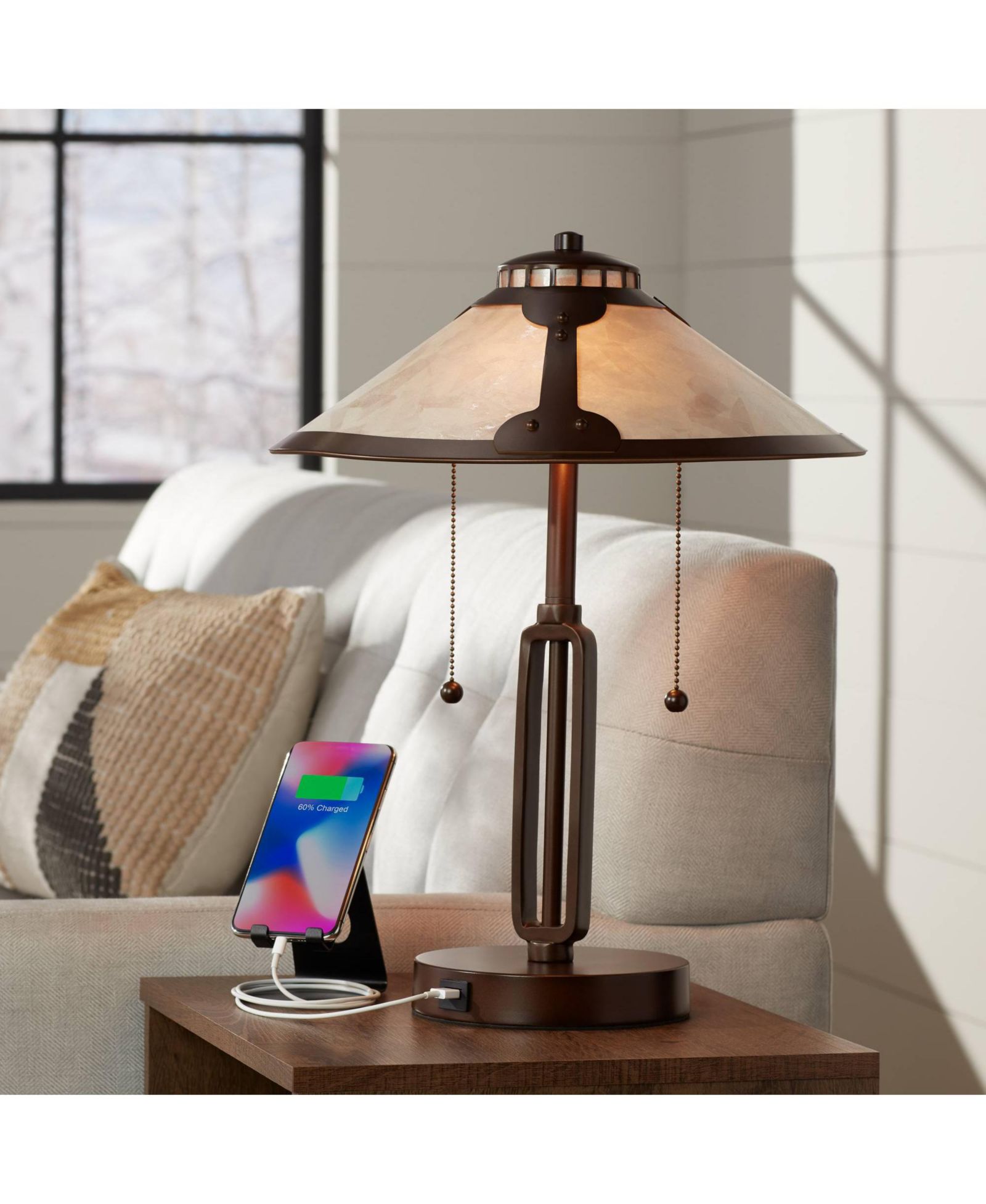 Franklin Iron Works Samuel Industrial Desk Lamp 20" High Rubbed with USB Charging Port Natural Mica Shade for Bedroom Living Room Bedside Desk