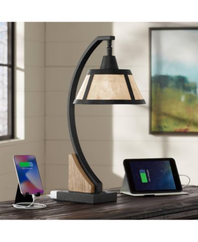 Franklin Iron Works Oak Rustic Farmhouse Desk Table Lamp 22" USB and AC Power Outlet in Base Wash Mica Shade for Bedroom Living Room