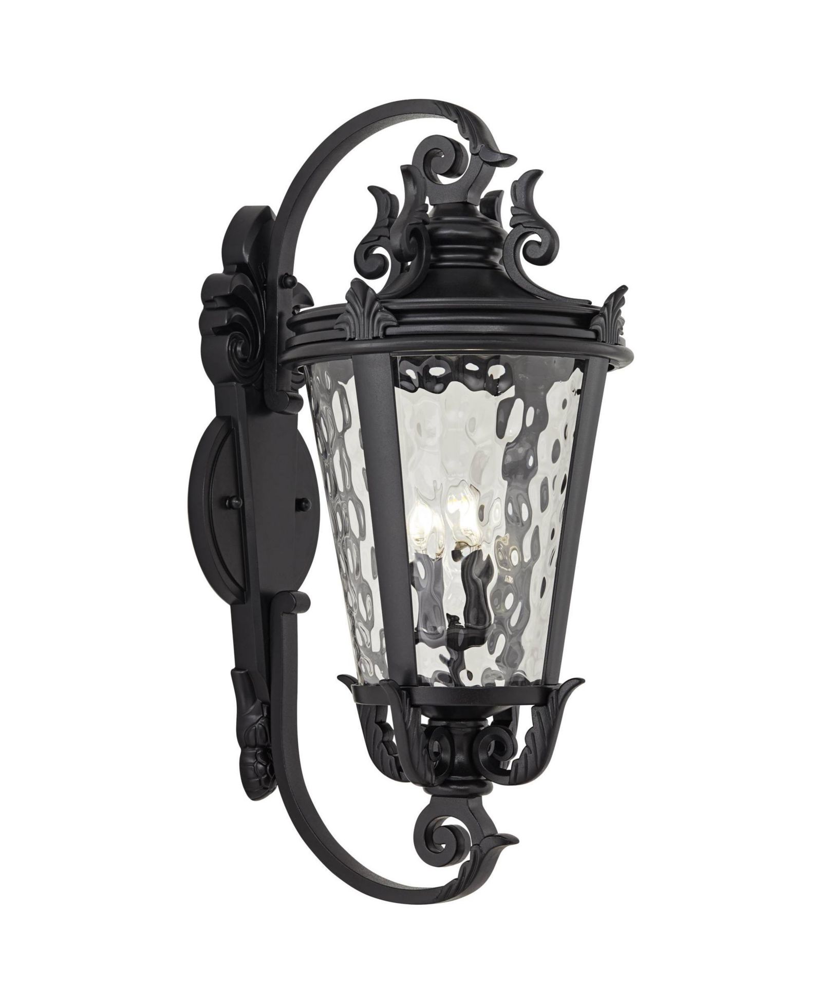 John Timberland Marseille 36" outdoor wall light, textured black scroll design with clear hammered glass for porch, patio, garage
