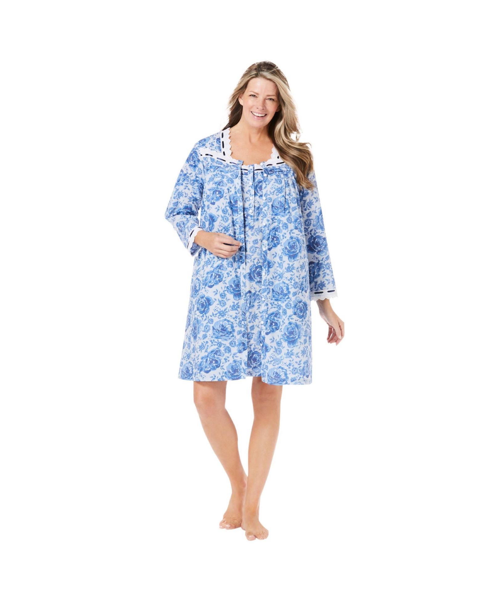 Only Neccessities Plus Size Only Necessities Short 2-Piece Cabbage-Rose Peignoir Set
