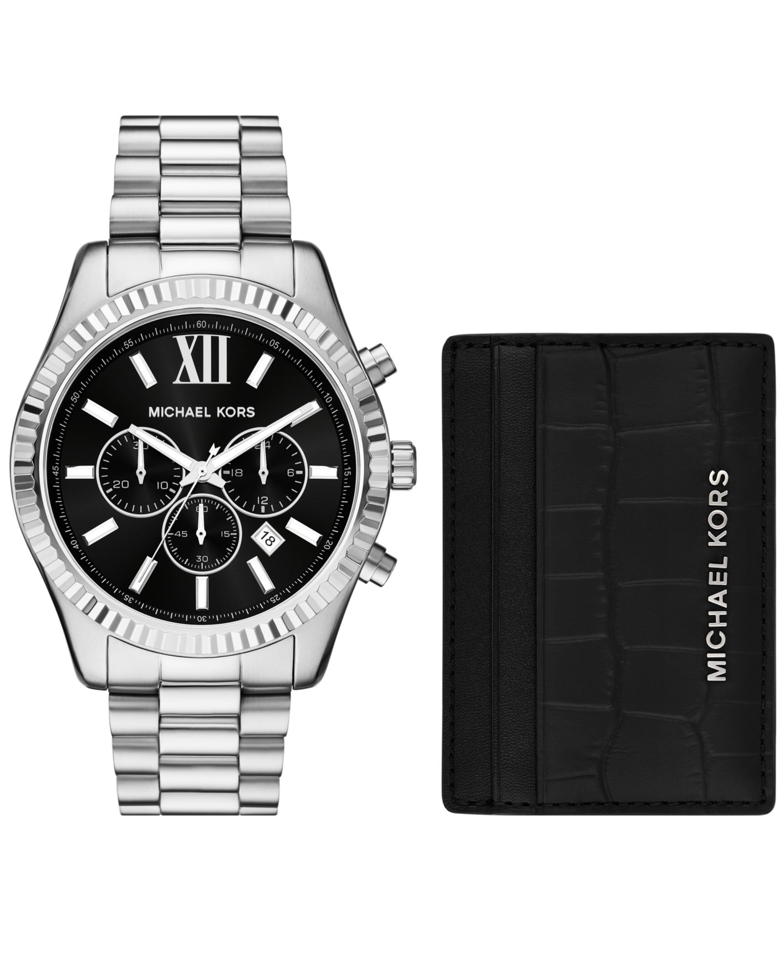 Мужской подарочный набор Michael Kors Lexington Chronograph Stainless Steel Watch and Card Case 44mm