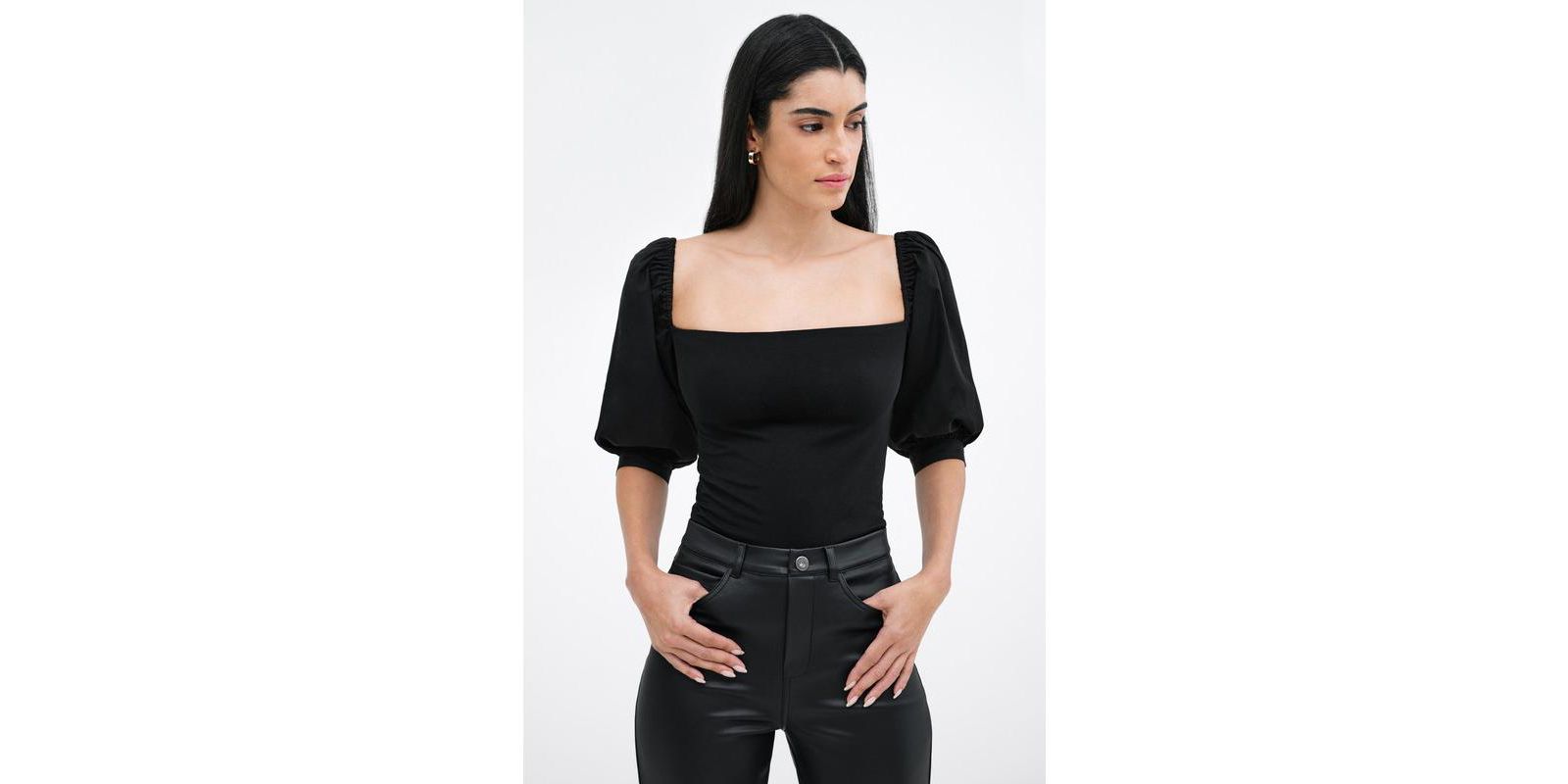 Marcella Women's Alana Square-Neck Puff-Sleeve Cotton Fitted Jersey Top