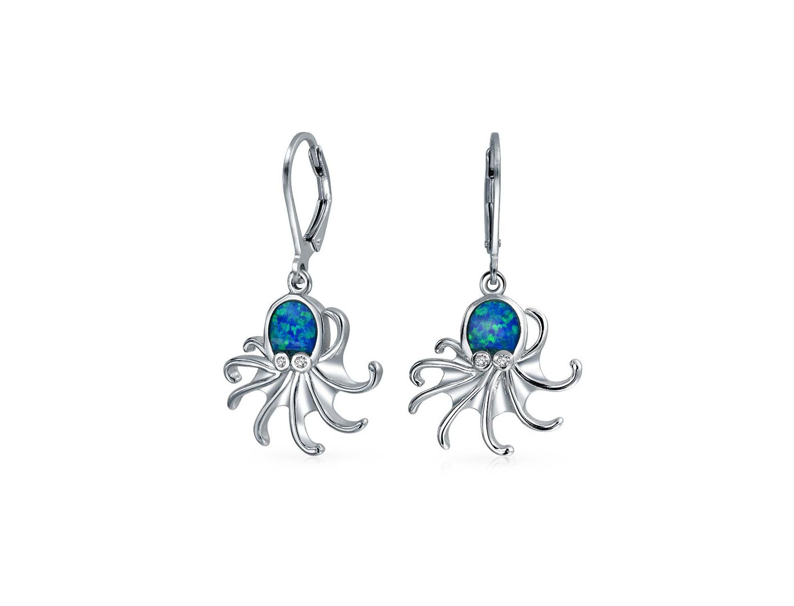 Bling Jewelry Nautical Created Opal Octopus Dangle Earrings Sterling Silver Lever Back