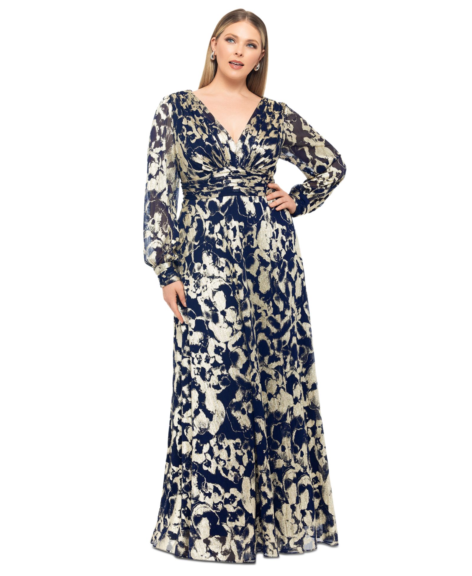 Платье Plus Size Betsy & Adam V-Neck Foil Mesh A-Line Dress