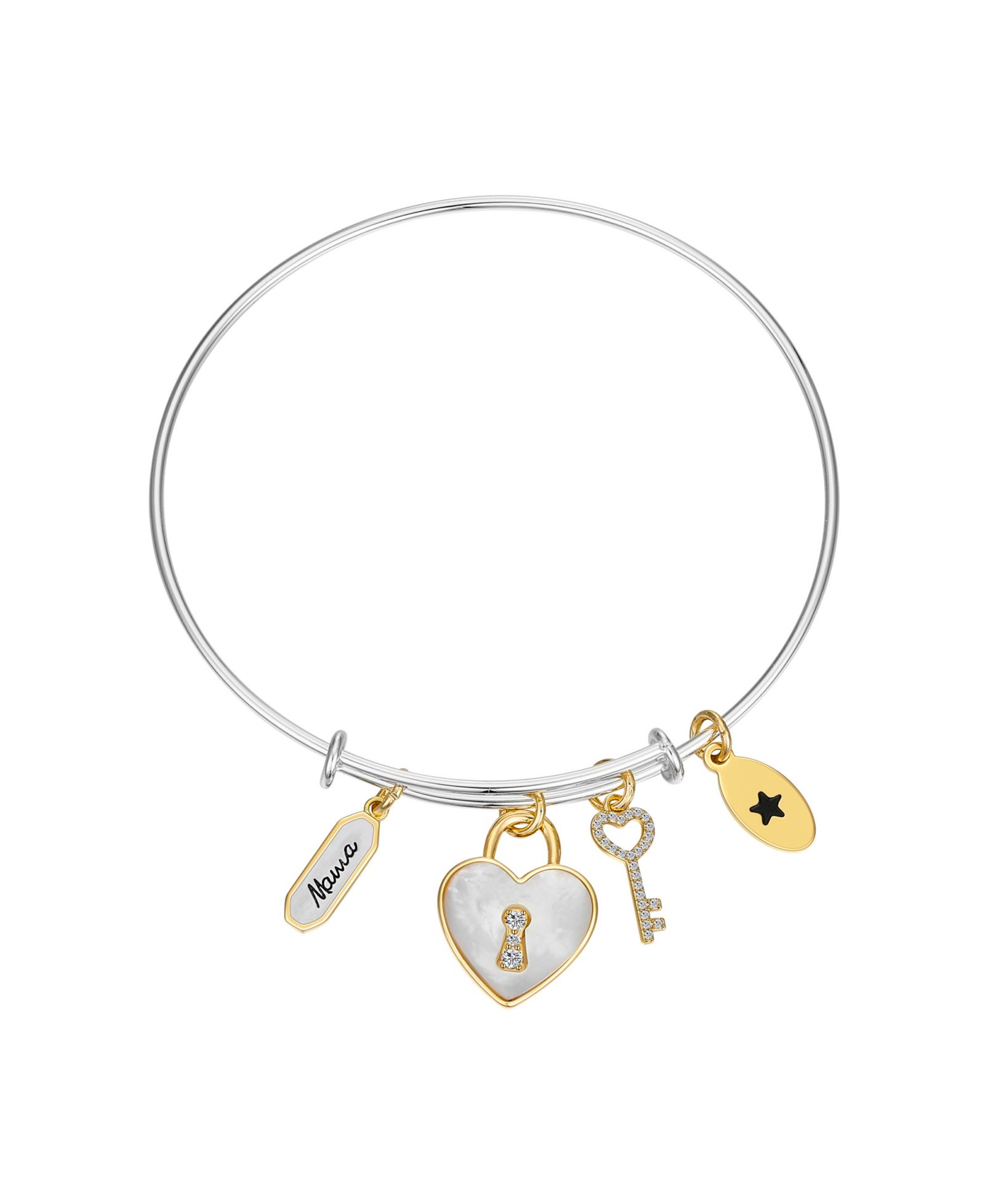 Браслет-бэнгл Unwritten с сердечком и ключиком, Cubic Zirconia и перламутром,