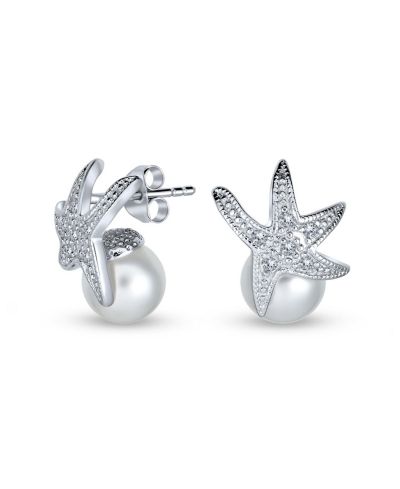 Bling Jewelry серьги-подвески Nautical White Faux Pearl Starfish