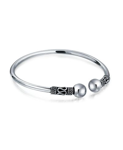 Bling Jewelry Bali Scroll Bangle Cuff Bracelet Oxidized .925 Sterling Silver Ball Tips