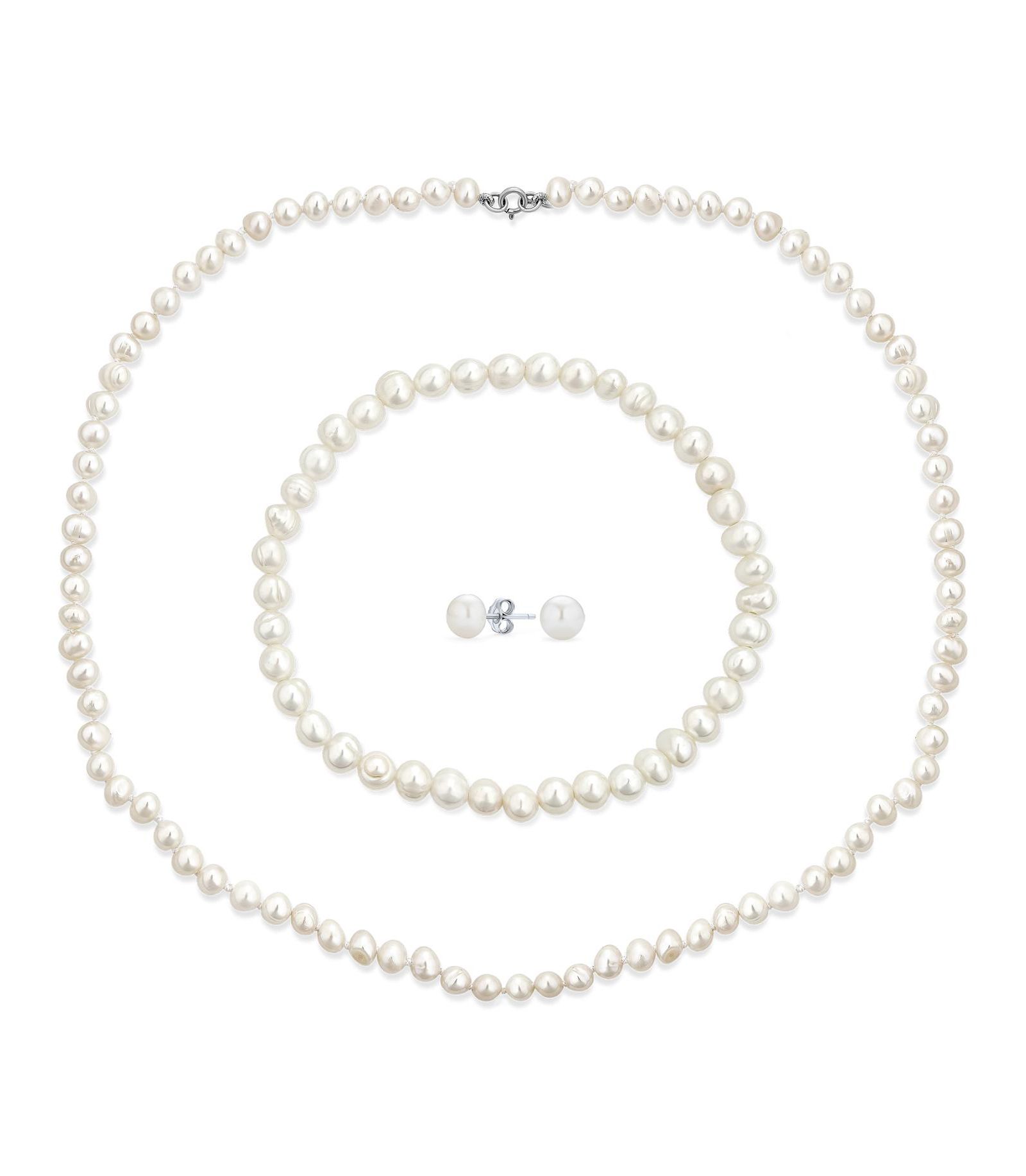 Набор украшений Bling Jewelry Classic White Freshwater Pearl: ожерелье, браслет и серьги, 18 Inch