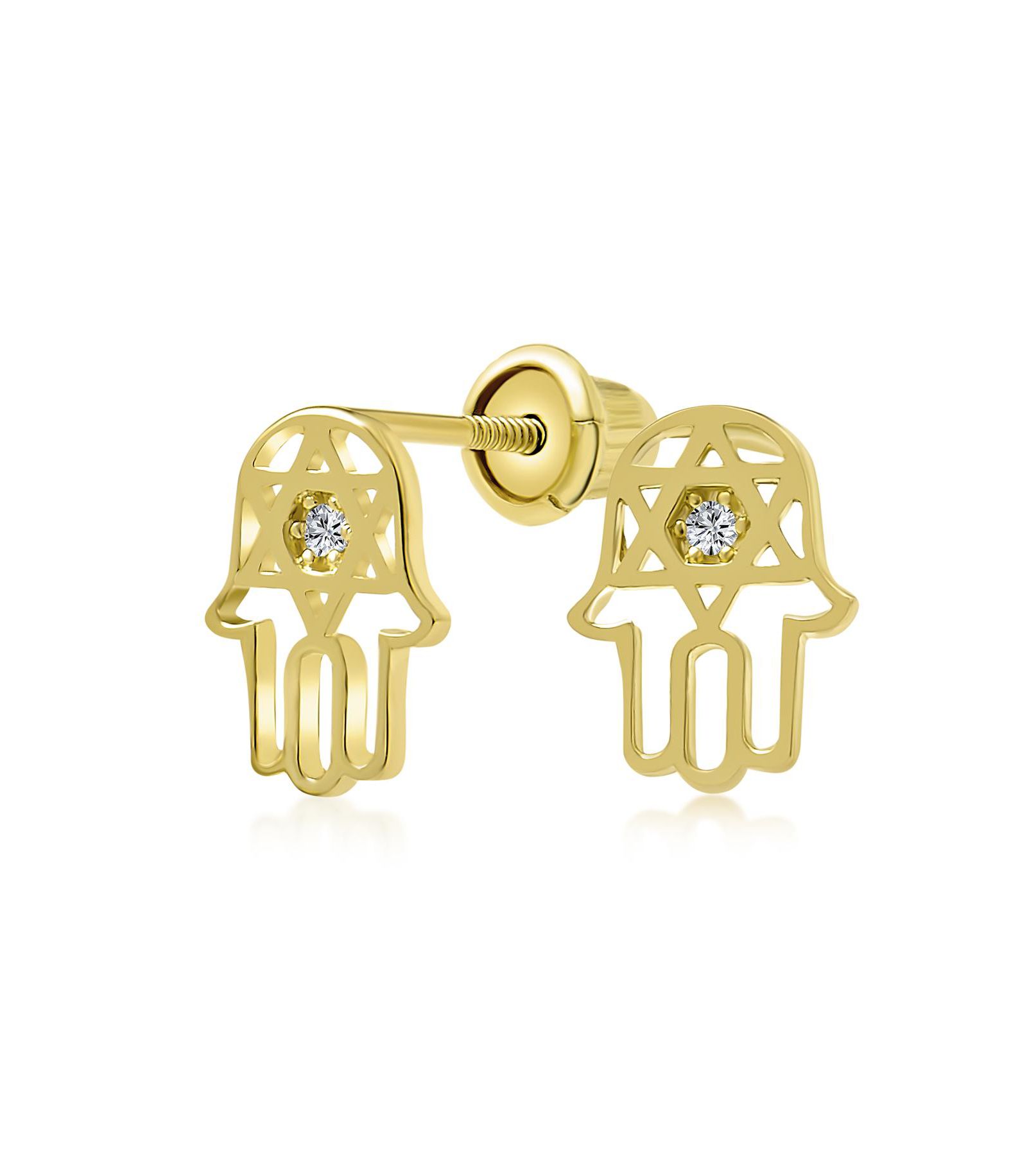 Bling Jewelry Серьги-гвоздики 14K Gold Tiny Judaic Jewelry CZ Accent Hamsa Star Of David Bat Mitzvah Screw Back