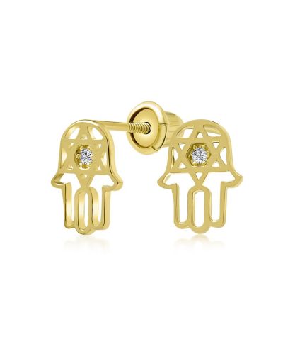 Bling Jewelry Серьги-гвоздики 14K Gold Tiny Judaic Jewelry CZ Accent Hamsa Star Of David Bat Mitzvah Screw Back