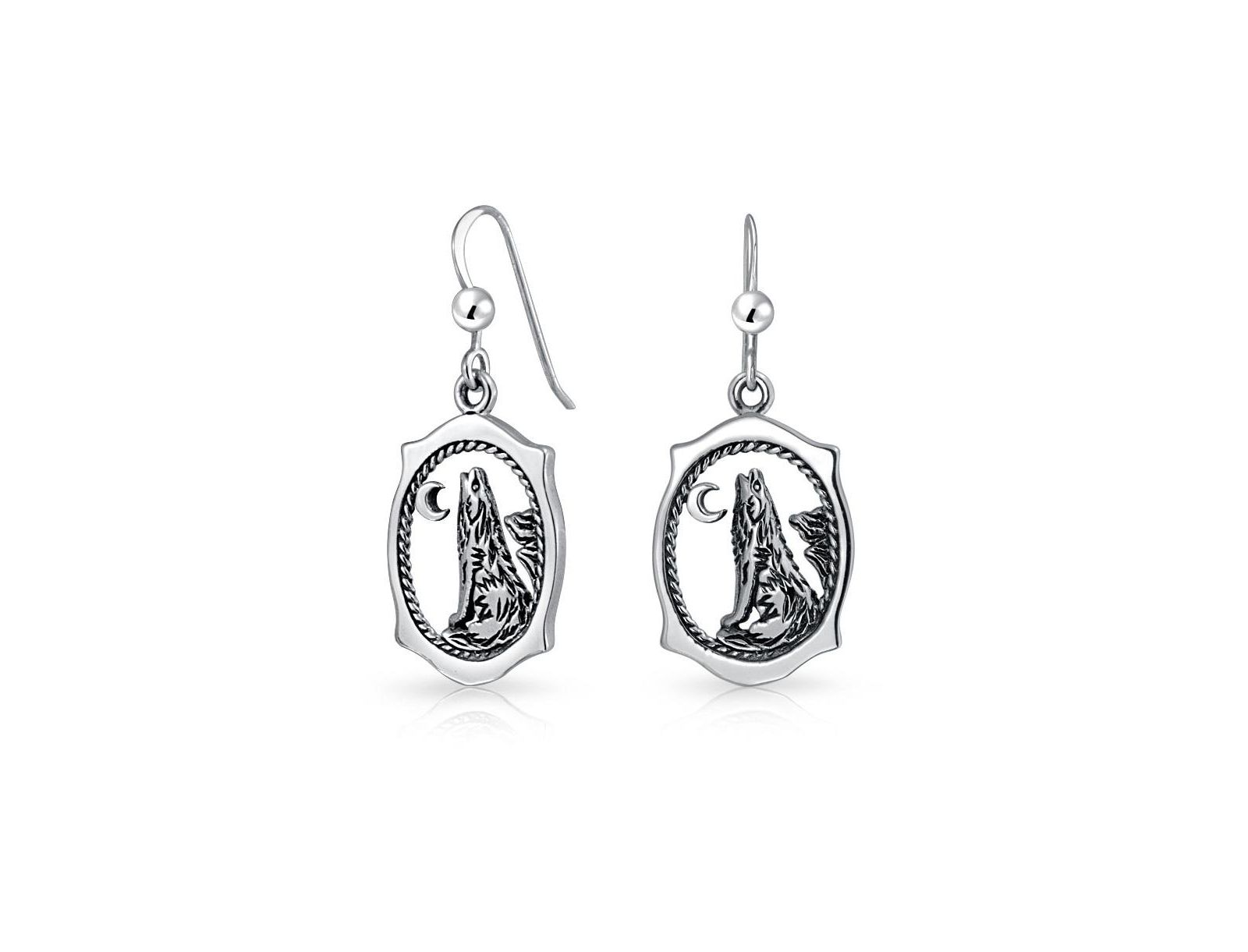 Bling Jewelry Animal Oval Moon Howling Wolf Dangle Earrings Oxidized .925 Sterling Silver