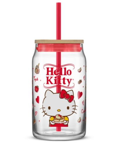JoyJolt стакан Hello Kitty Can Shaped из стекла с деревянной крышкой и трубочкой