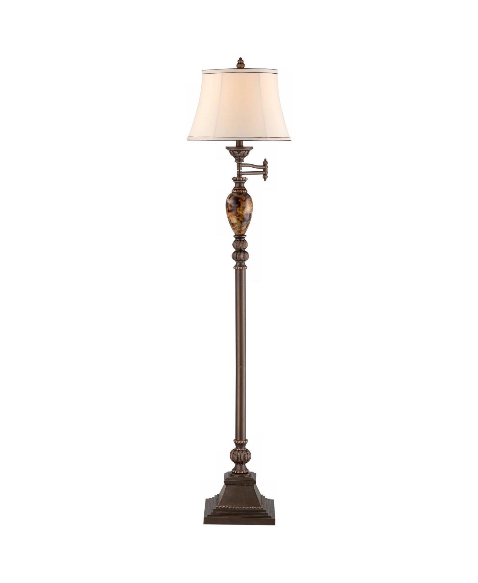 Kathy Ireland Mulholland 61" Rustic Swing Arm Floor Lamp, Bronze Finish with Marble Base and Ivory Faux Silk Drum Shade by Kathy Ireland