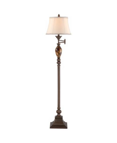 Kathy Ireland Mulholland 61" Rustic Swing Arm Floor Lamp, Bronze Finish with Marble Base and Ivory Faux Silk Drum Shade by Kathy Ireland