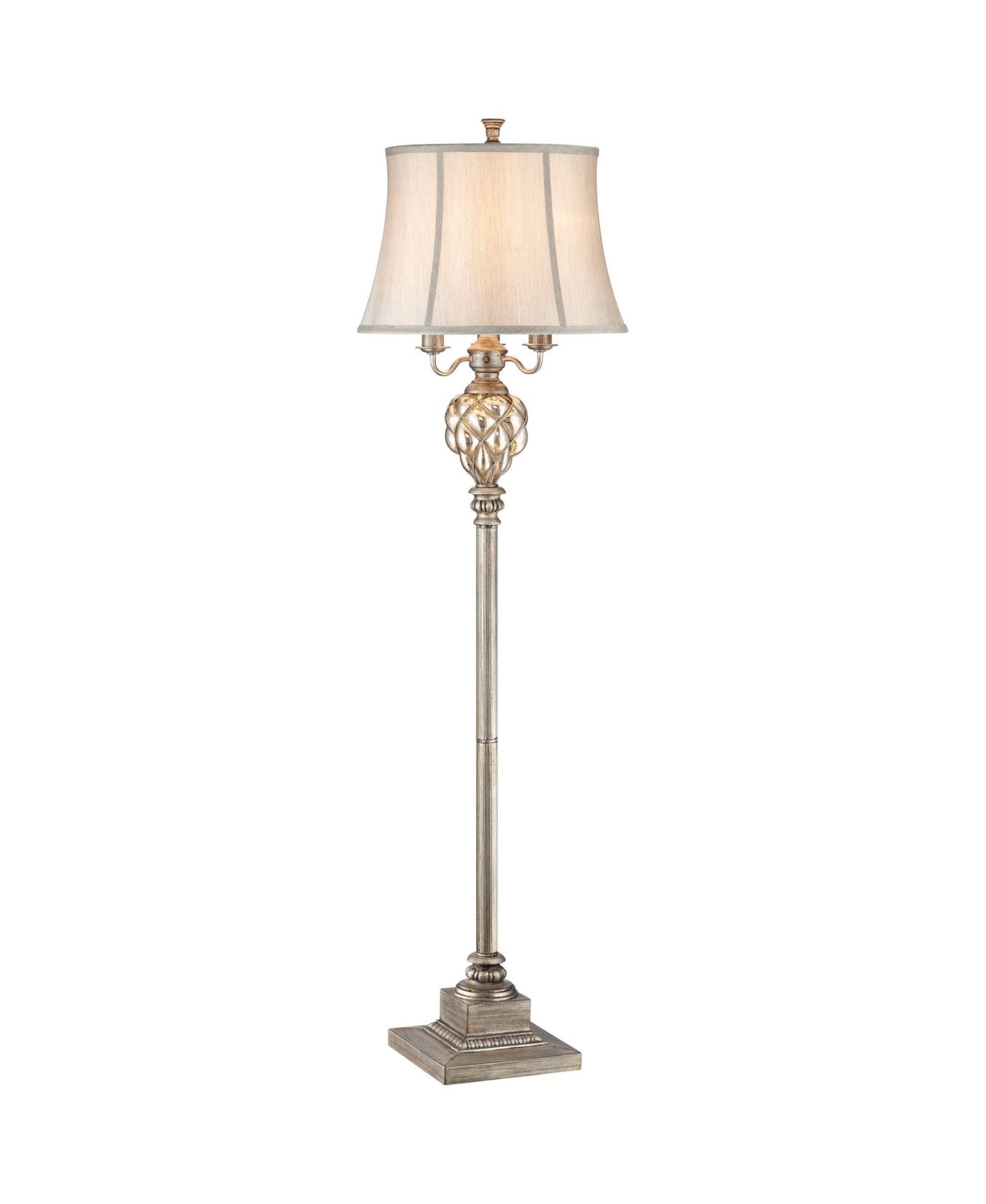 Barnes and Ivy Olde Vintage Floor Lamp 63 1/2" Tall Olde Silver with LED Nightlight Mercury Glass Faux Silk Bell Shade for Living Room Office House