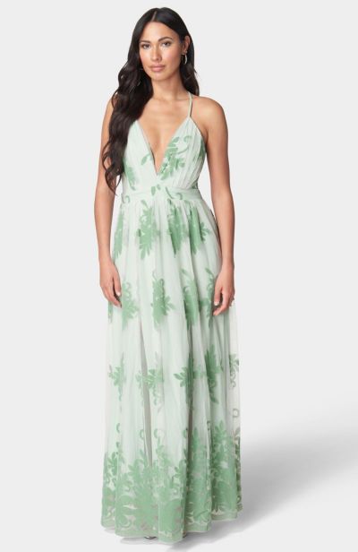 Bebe Women's Plunge Neck Embroidered Maxi Dress