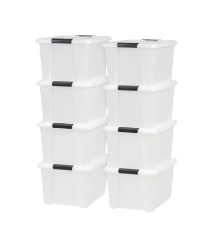 IRIS USA 8 Pack 33 Quart Stackable Plastic Storage Bins with Lids and Latching Buckles, Pearl, Containers with Lids and Latches