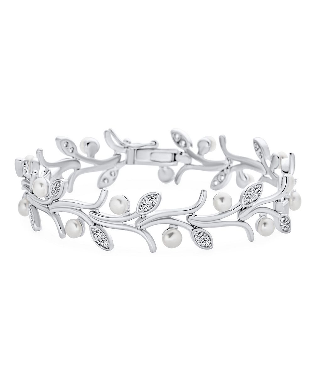 Bling Jewelry Bridal CZ Accent Leaves Freshwater Cultured Pearl Bracelet Silver Plated 7"