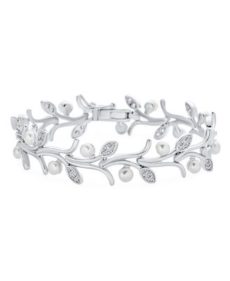 Bling Jewelry браслет с белым жемчугом из пресной воды и CZ акцентами в виде листьев, серебристое напыление, 7 Inch