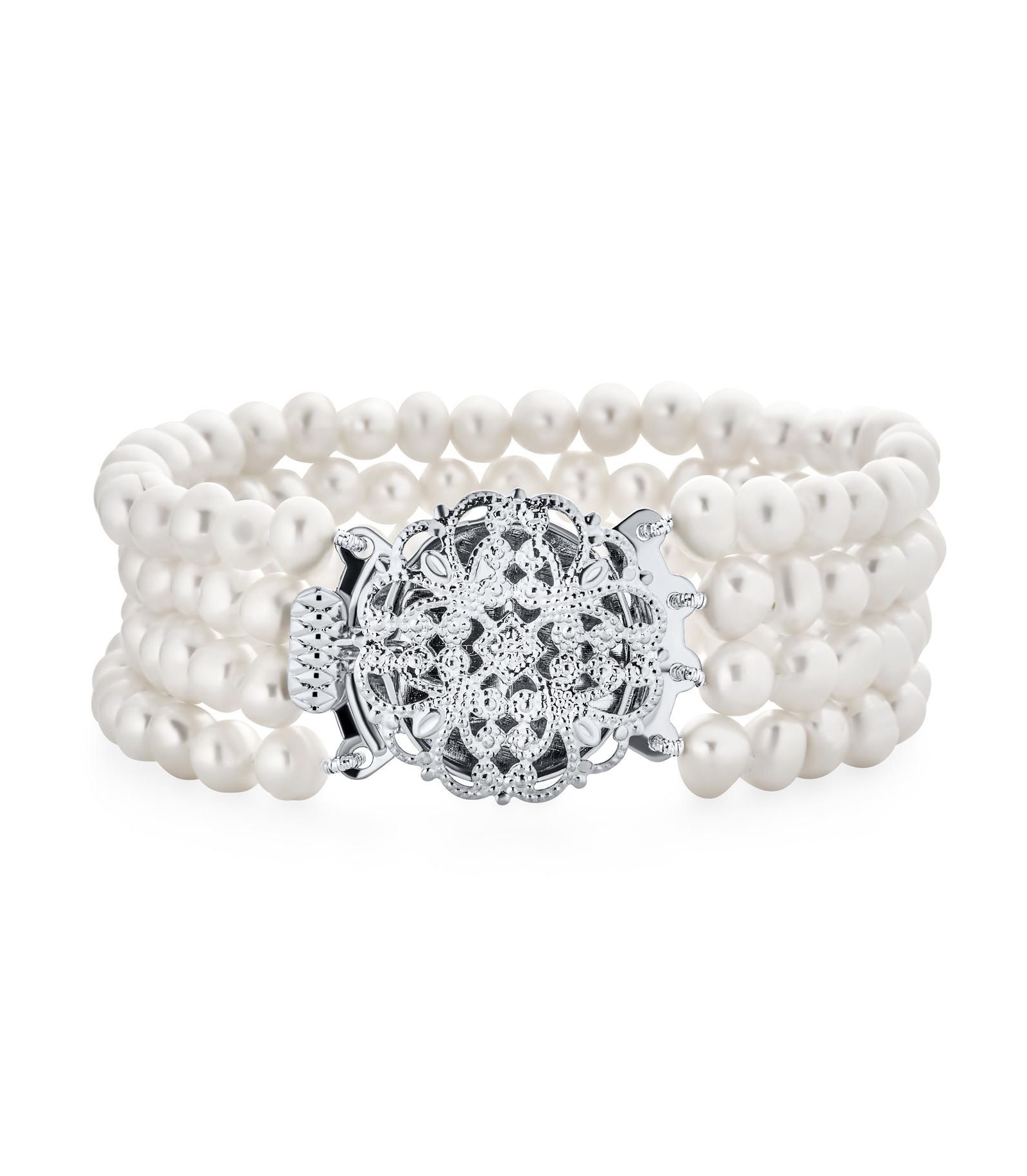Bling Jewelry Art Deco Style Multi Strand White Freshwater Cultured Pearl Bracelet 7.5"