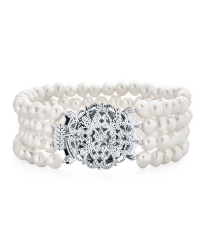 Bling Jewelry Art Deco Style Multi Strand White Freshwater Cultured Pearl Bracelet 7.5"
