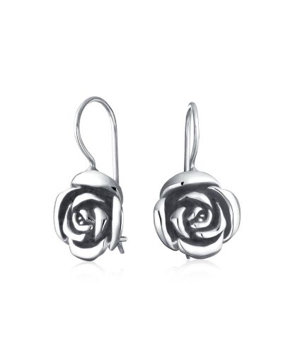 Bling Jewelry Romantic Black Rose Flower Drop Earrings French Wire .925 Sterling Silver