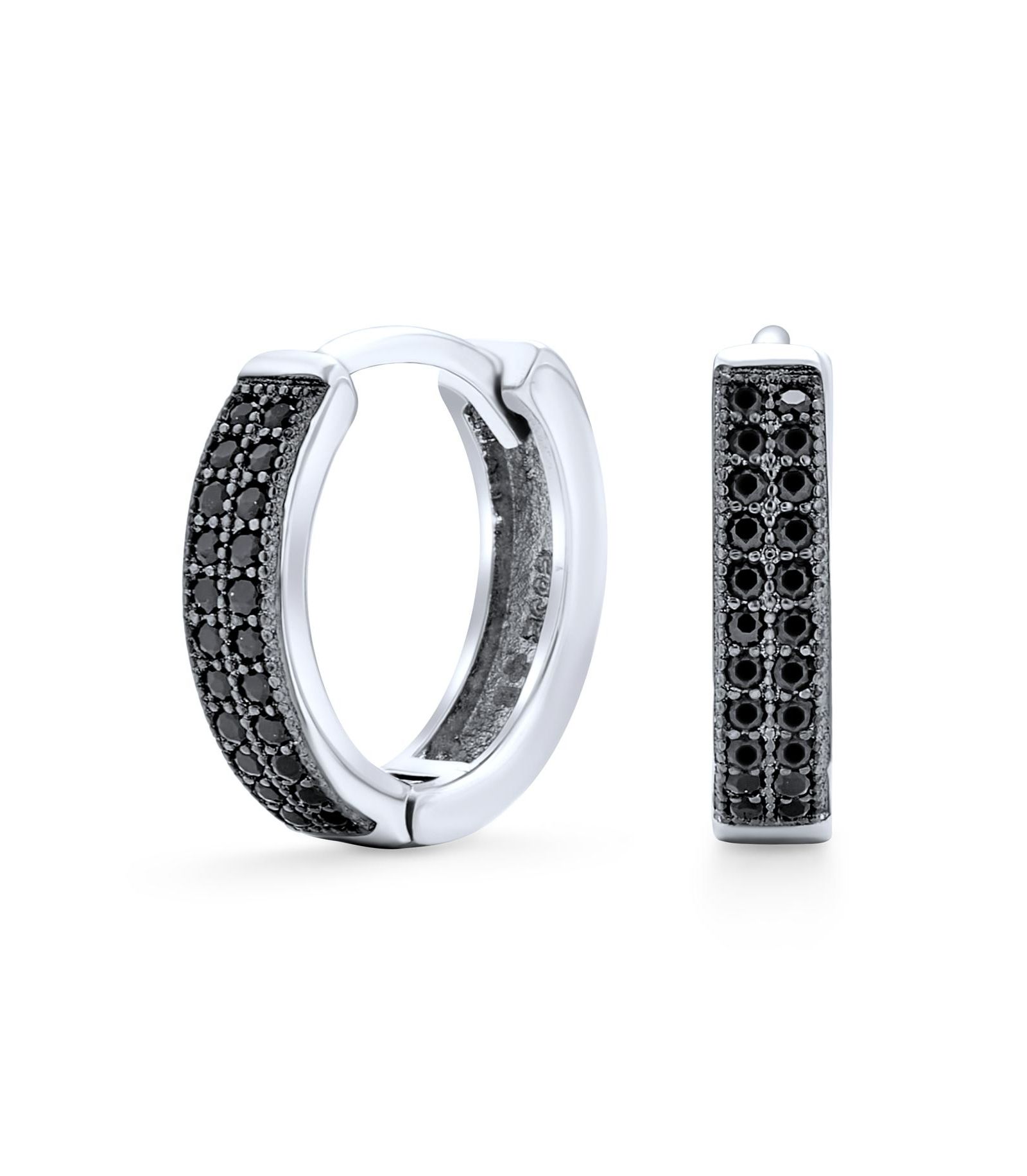 Серьги-кольца Bling Jewelry Black Pave CZ Cubic Zirconia Micro Pave 2 Row Huggie.925 Sterling Silver.30 inch Diameter