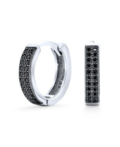 Серьги-кольца Bling Jewelry Black Pave CZ Cubic Zirconia Micro Pave 2 Row Huggie.925 Sterling Silver.30 inch Diameter