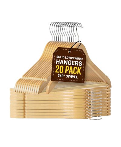 Bakken- Swiss Wooden Hanger Set - 20 Pieces Non-Slip Versatile Closet Space-Saving Hanger Set for Suit, Coat, Camisole, Jacket, Pants, and Dresses with Rotating Swivel Hook - Natural Wood