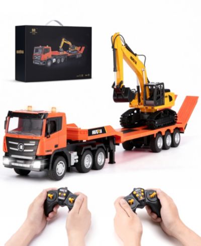 1:24 RC Semi Truck and Excavator Set, 9-Channel Remote Control Construction Vehicles, Detachable Trailer, Dual 2.4GHz Controllers, Gift for Kids 8+