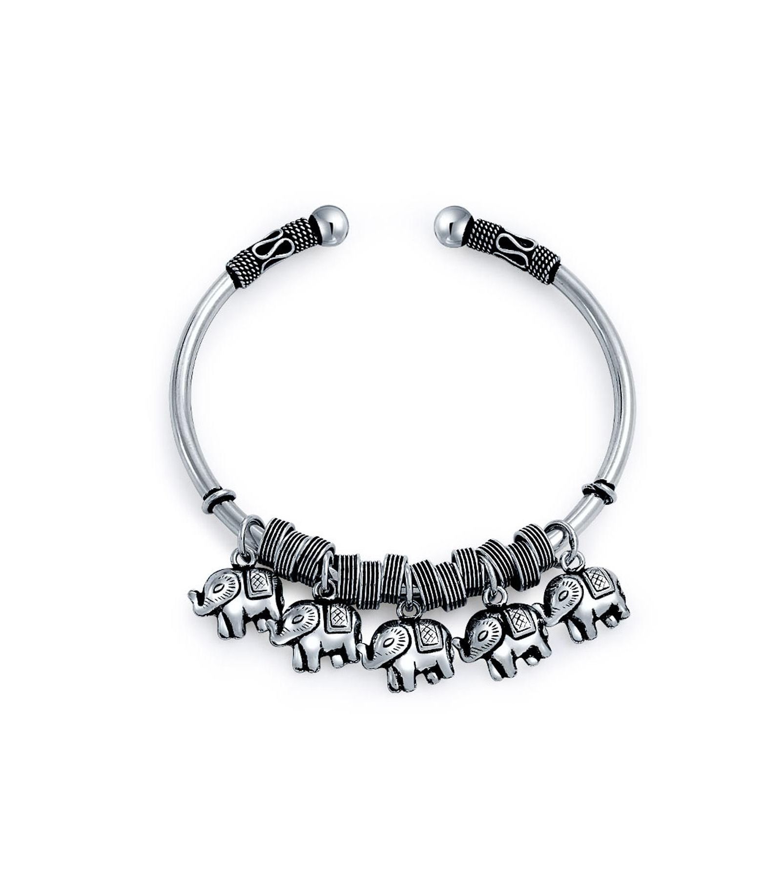 Bling Jewelry Bali Lucky Elephant Dangling Charm Bangle Cuff Bracelet Sterling Silver
