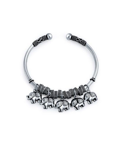 Bling Jewelry Bali Lucky Elephant Dangling Charm Bangle Cuff Bracelet Sterling Silver