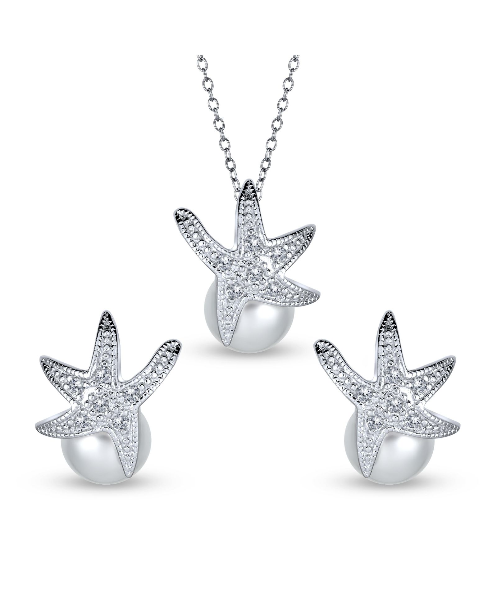 Bling Jewelry Nautical Round Simulated Pearl Starfish Pendant Necklace and Earrings Set Silver