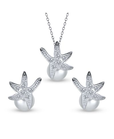 Bling Jewelry Nautical Round Simulated Pearl Starfish Pendant Necklace and Earrings Set Silver