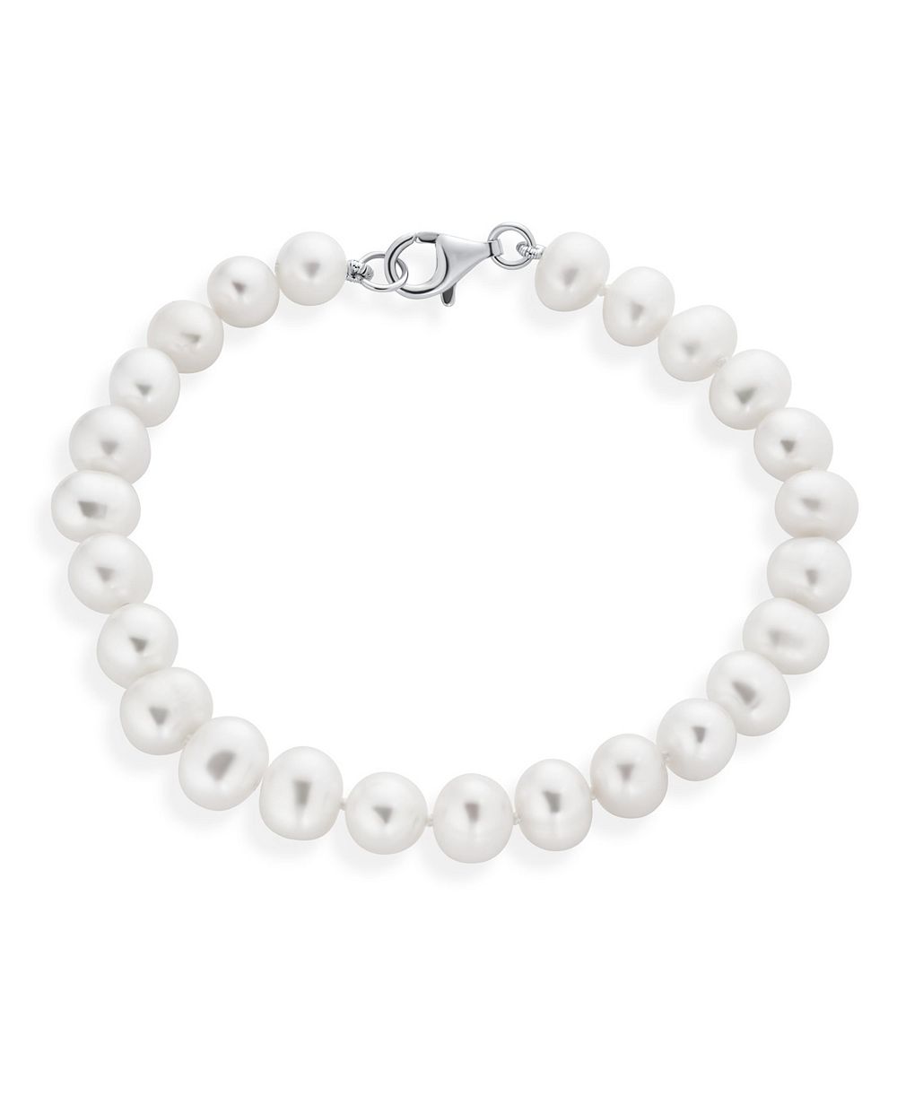 Bling Jewelry Classic Simple 7.5-8 MM White Freshwater Cultured Pearl Hand Knotted Strand Bracelet Sterling Silver 7 Inch