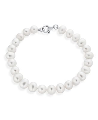 Bling Jewelry Classic Simple 7.5-8 MM White Freshwater Cultured Pearl Hand Knotted Strand Bracelet Sterling Silver 7 Inch