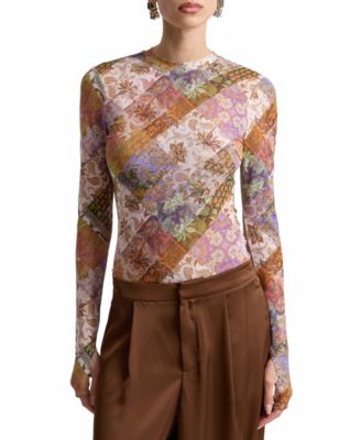 Avec Les Filles Women's Printed Long-Sleeve Mesh Top
