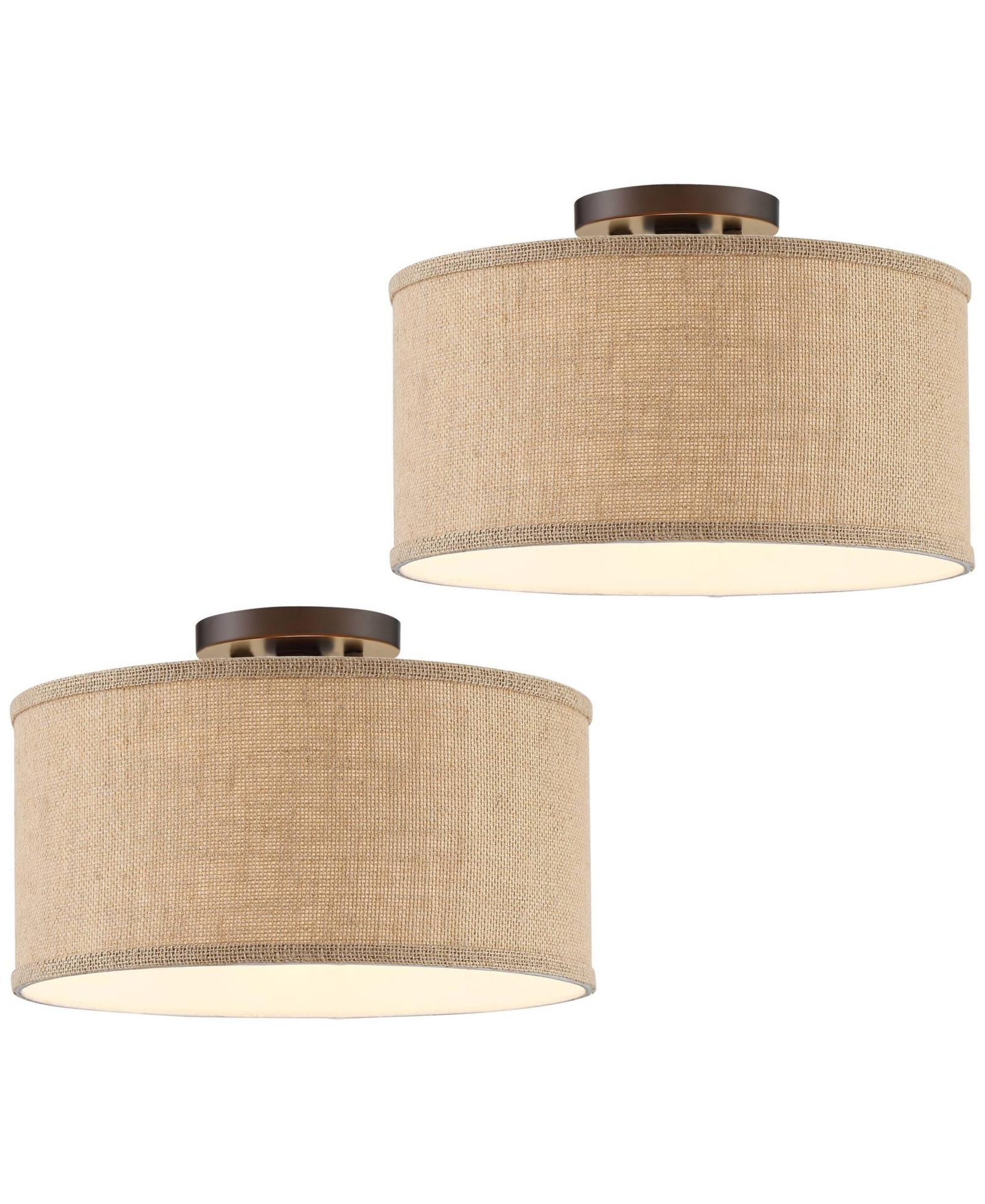 360 Lighting Adams Modern Ceiling Light Semi Flush Mount Fixtures 14" Wide Set of 2 Bronze Burlap Fabric Drum Shade for Bedroom Kitchen Living Room