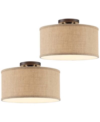 360 Lighting Adams Modern Ceiling Light Semi Flush Mount Fixtures 14" Wide Set of 2 Bronze Burlap Fabric Drum Shade for Bedroom Kitchen Living Room