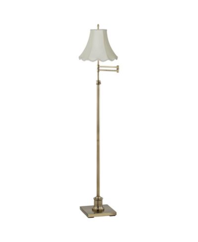 Regency Hill Traditional Swing Arm Floor Lamp 70" Tall Antique Brass Imperial Scalloped Creme Fabric Bell Shade for Living Room Reading