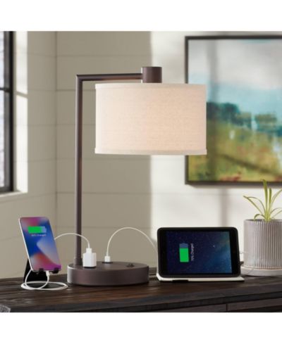 360 Lighting Colby Modern Desk Lamp Bronze with USB and AC Power Outlet in Base Linen Drum Shade for Bedroom Living Room Office Family