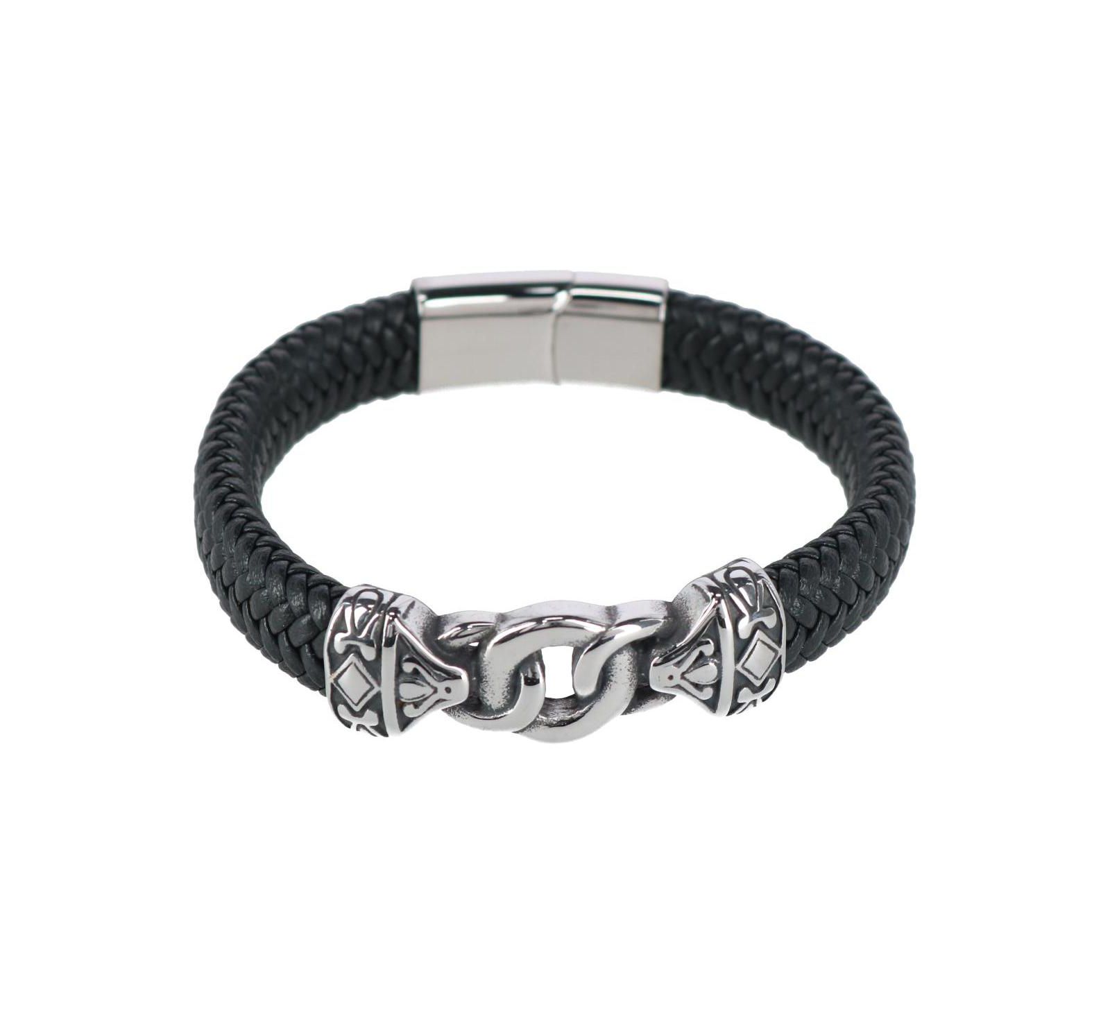 Trafalgar Silver Interlock Pattern on Black Leather Bracelet