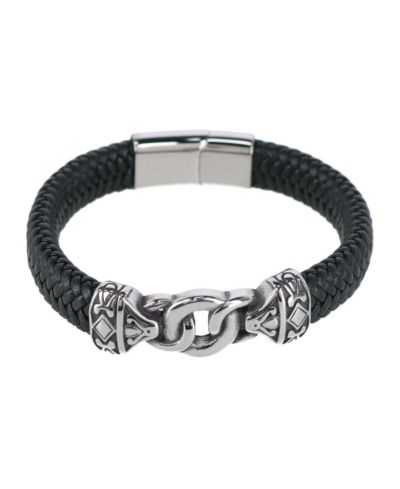 Trafalgar Silver Interlock Pattern on Black Leather Bracelet