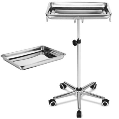 Yescom Mobile Mayo Stand Stainless Steel with Handle 2 Pack Trays on Wheels Adjustable Height for Medical Dental Salon Tattoo Lab