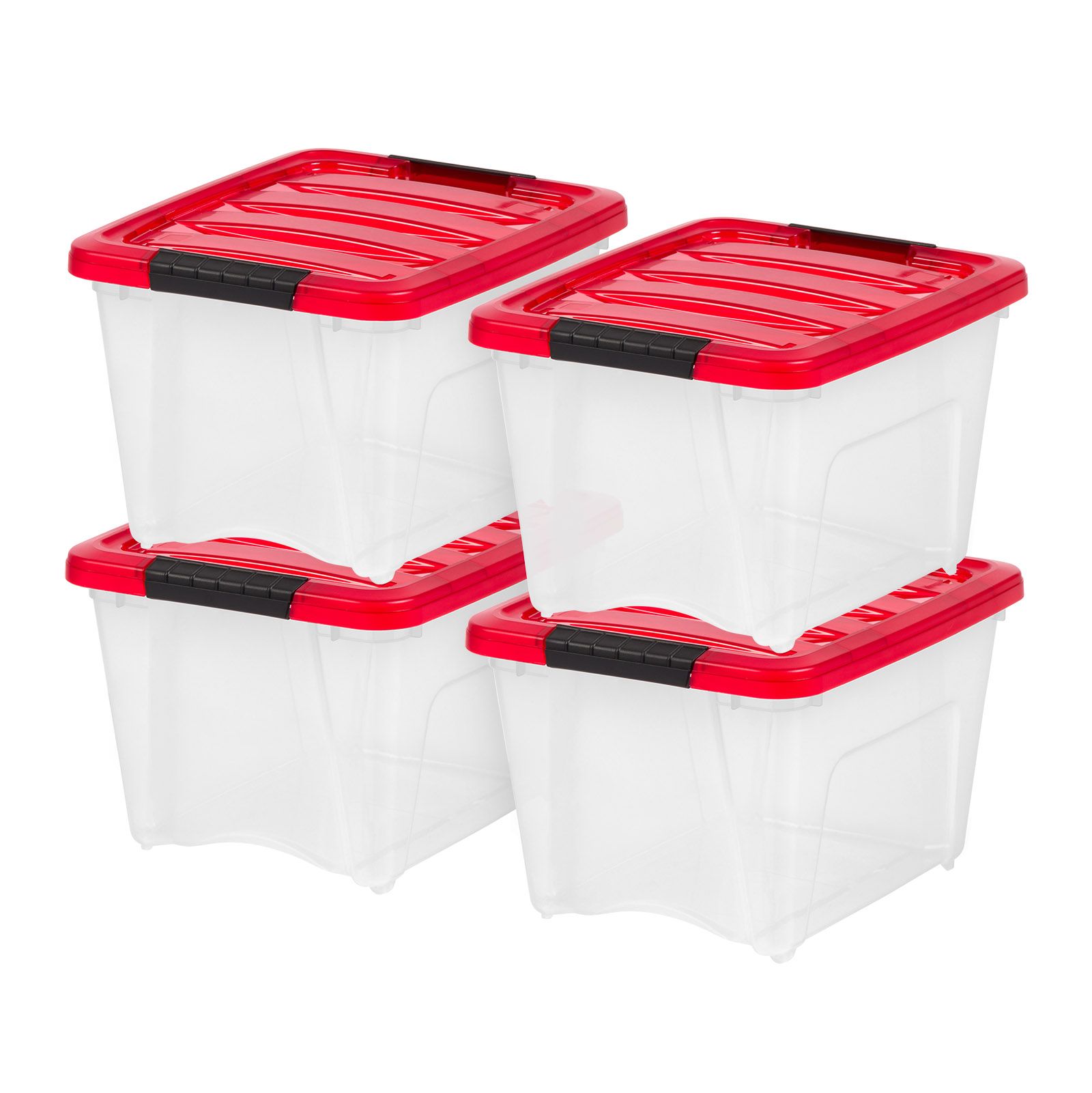 IRIS 4Pack 19qt Christmas Plastic Storage Bin with Lid and Secure Latching Buckles, Clear/Red