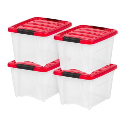 IRIS 4Pack 19qt Christmas Plastic Storage Bin with Lid and Secure Latching Buckles, Clear/Red