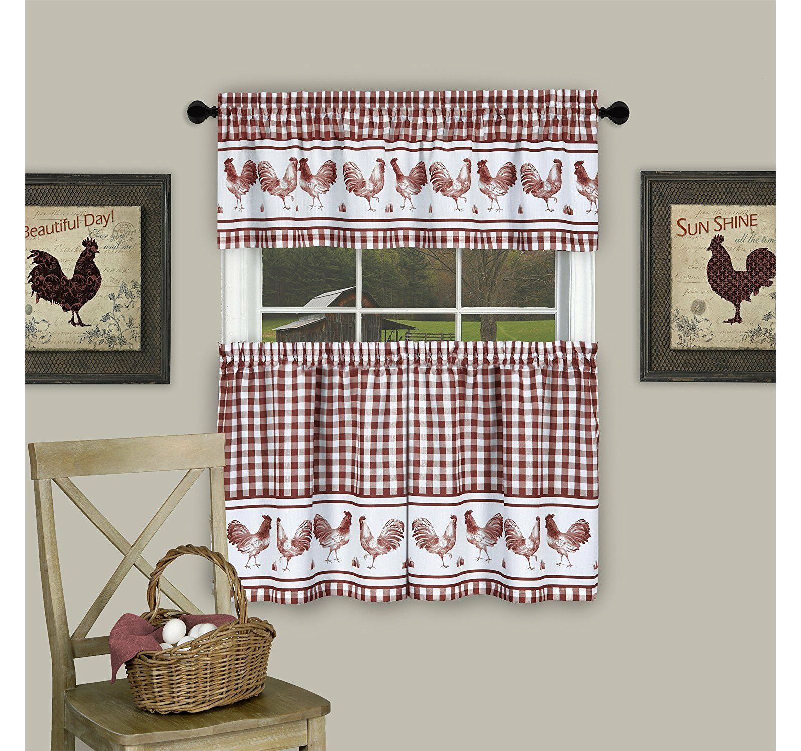 Kate Aurora Country Farmhouse Barnyard Plaid Rooster Kitchen Curtain Tier and Valance Set